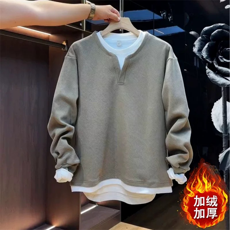 【001】加绒新款男士假两件套头长袖T恤潮A079-A164-P45，男装T恤，电商A079