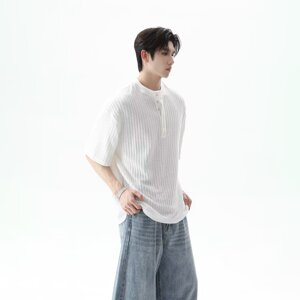 [003]亨利领短袖T恤男女秋肌理感条纹上衣A079-S230-P35图片