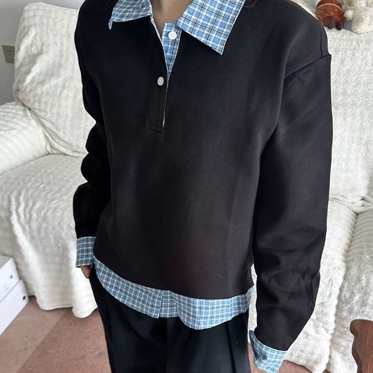 【15】格子撞色假两件款韩版宽松衬衫领套对卫衣A079-WY502-P43，男装衬衫，电商A079
