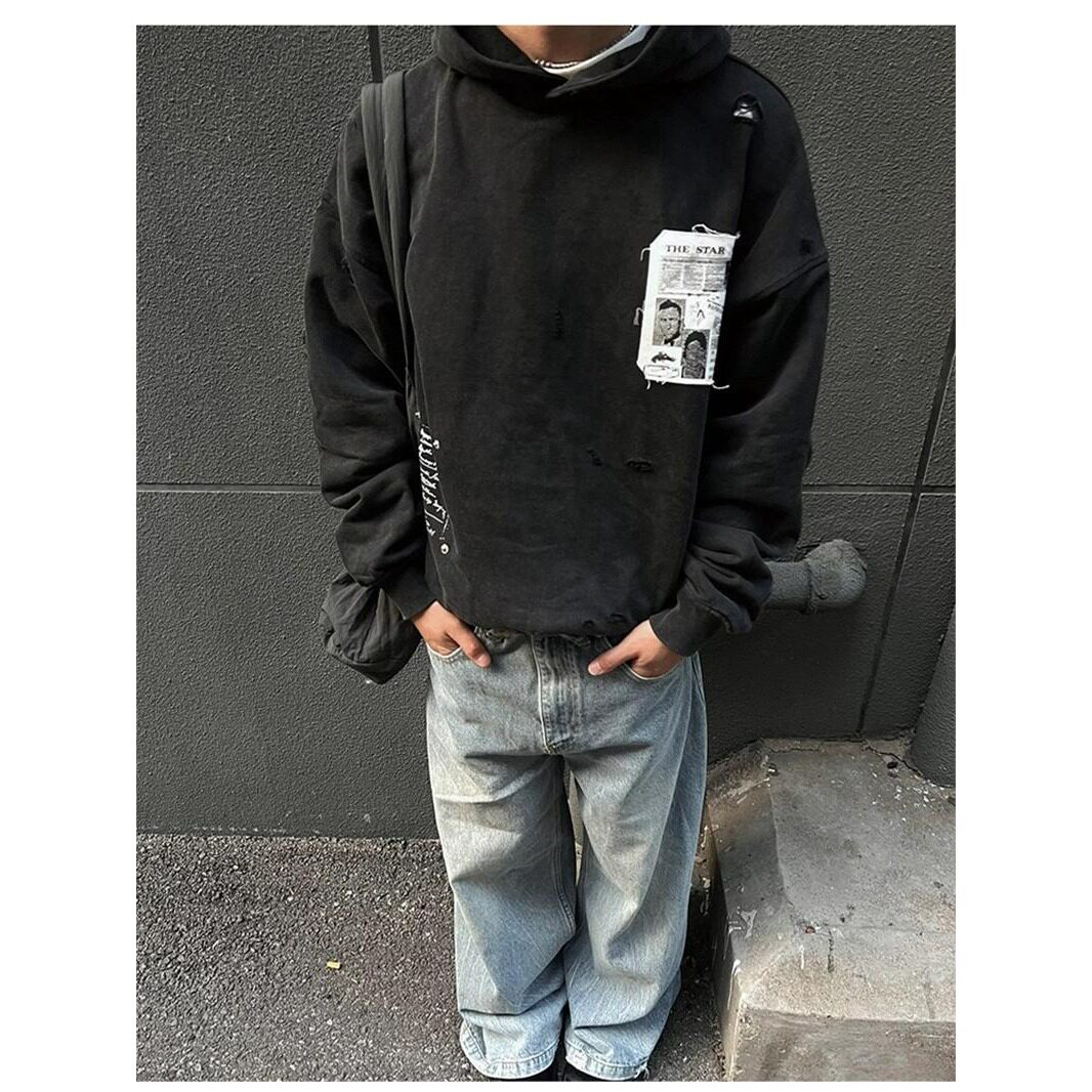 【网8】做旧贴布连帽卫衣男女秋冬宽松A079-T19-P60,男装卫衣,电商A079