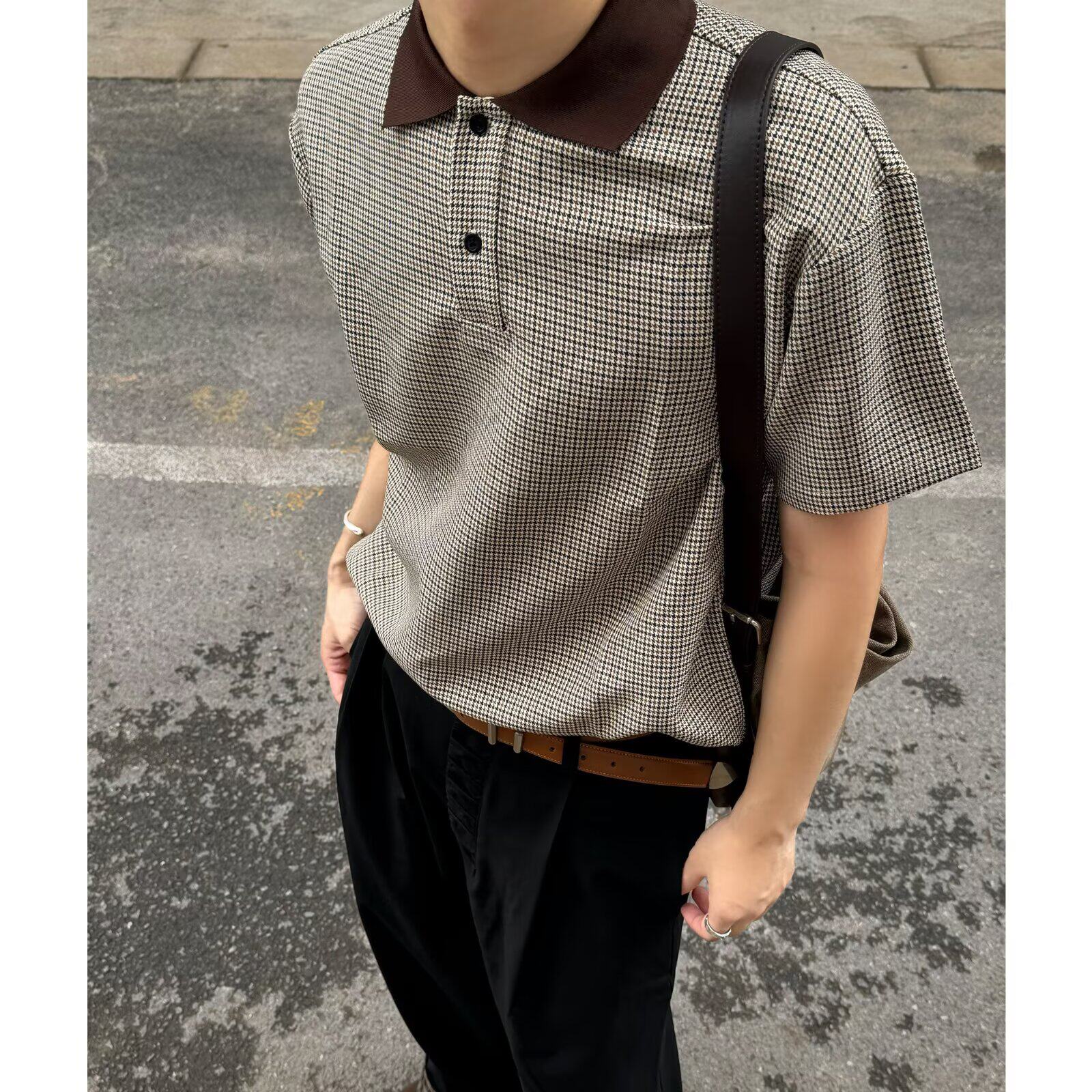 夏季男士高级感撞色千鸟格翻领polo衫短袖商务休闲时尚百搭T恤图片