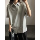 [003]假两件条纹polo领短袖t恤女宽松休闲百搭上衣A079-D902-P37，男装T恤，电商A079