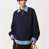 【15】格子撞色假两件款韩版宽松衬衫领套对卫衣A079-WY502-P43，男装衬衫，电商A079