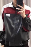 【网7】美式pu皮衣飞行员夹克男款情侣拼接撞色A079-JK8574-P67，男装夹克，电商A079