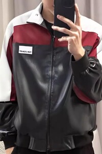 【网7】美式pu皮衣飞行员夹克男款情侣拼接撞色A079-JK8574-P67图片