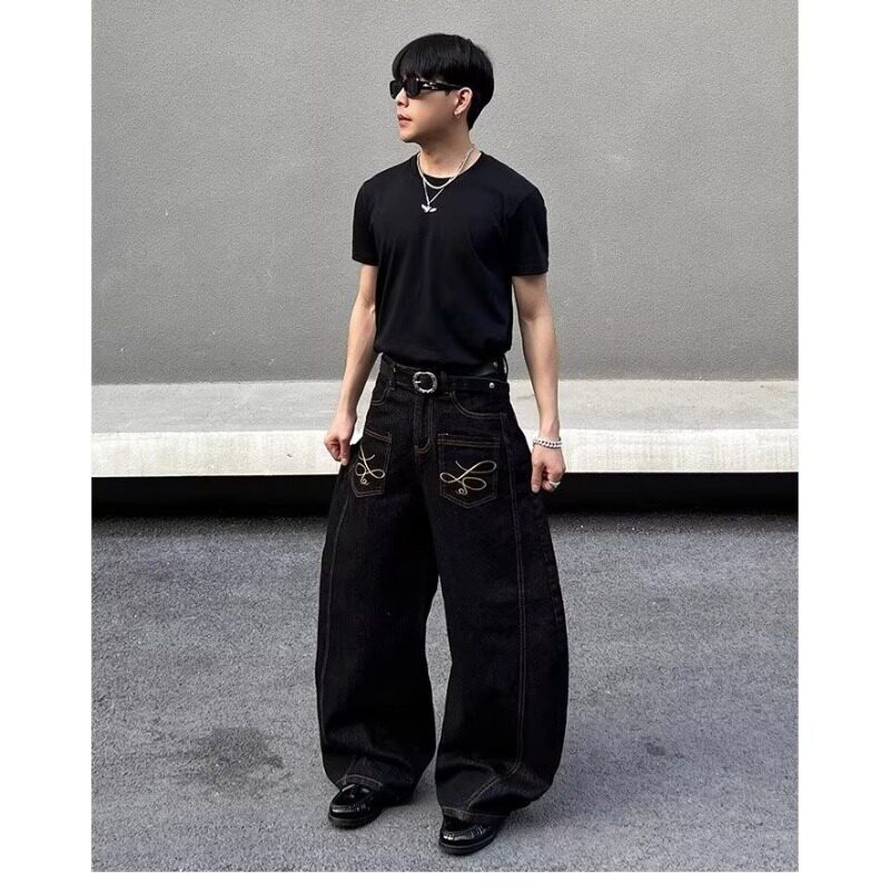 【008】刺绣弯刀牛仔裤宽松阔腿长裤男女A079-7826-P50,男装牛仔裤,电商A079