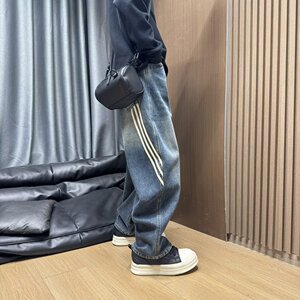 [008]拼接弯刀牛仔裤男ins潮牌宽松阔腿裤高街长裤A079-B833-P51图片
