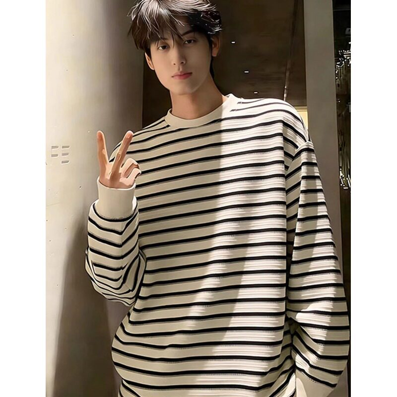 [003]古条纹圆领长袖T恤男女潮牌情侣宽松百搭上衣A079-ET52-P37,男装T恤,电商A079