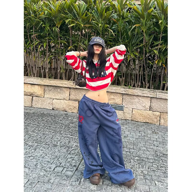 【网60】松紧腰印花直筒卫裤女2025年秋季新A079-3118-P44,男装休闲裤,电商A079
