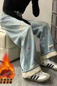 【002】小狗刺绣牛仔裤时尚宽松小众阔腿长裤潮A079-S748-P52图片