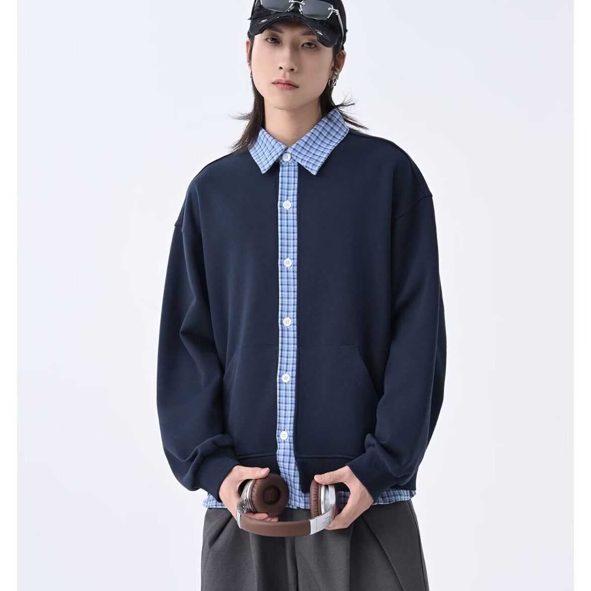 【网58】开衫卫衣男宽松简约百搭上衣翻领外套A079-W70-P44,女装短外套,电商A079