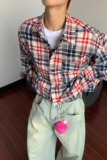 [006]拼色破洞格纹长袖衬衫男休闲宽松衬衣外套A079-C5060-P37，男装衬衫，电商A079