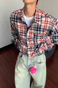 [006]拼色破洞格纹长袖衬衫男休闲宽松衬衣外套A079-C5060-P37图片