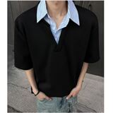 [012]假两件衬衫领短袖男宽松拼接T恤半袖Polo衫A079-D915-P33，男装T恤，电商A079