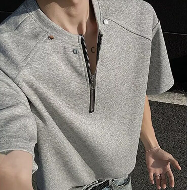 [003]柳钉垫肩亨利领短袖男夏半拉链大码半袖t恤A079-T767-P29图片