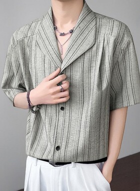[006]衬衫男夏季休闲翻领衬衫复古条纹风宽松上衣A079-A6791-P47