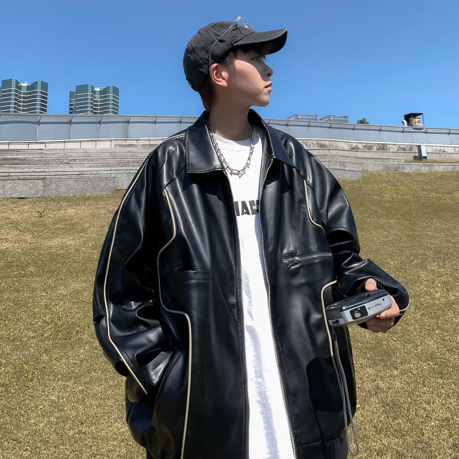 【网7】25员夹克潮牌街头宽松翻领休闲pu皮上衣A079-JK8526-P54,男装夹克,电商A079