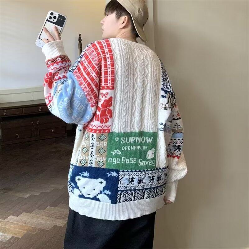 【网2】拼接毛衣男圆领日系ins保暖情侣针织衫A079-YM24-P47,男装针织衫/毛衣,电商A079