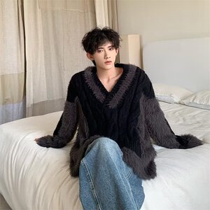【202】5撞色拼接毛衣男秋冬马海毛v领针织衫上衣潮A079-X049-P59图片