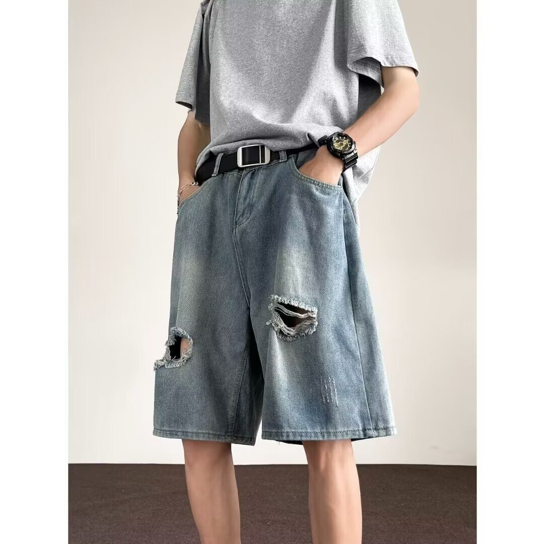 【008]做旧水洗破洞牛仔短裤男宽松直筒休闲五分裤A079-3338-P32，男装牛仔裤，电商A079