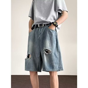 【008]做旧水洗破洞牛仔短裤男宽松直筒休闲五分裤A079-3338-P32，男装牛仔裤，电商A079