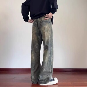 【网65】休闲痞帅水洗复古泼墨牛仔裤男直筒宽松A079-D778-P40图片