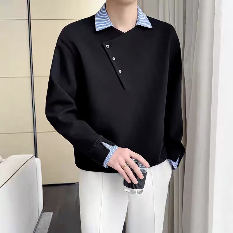 【网59】525假两件撞色拼接衬衫领长袖T恤男款A079-D640-P43,男装T恤,电商A079