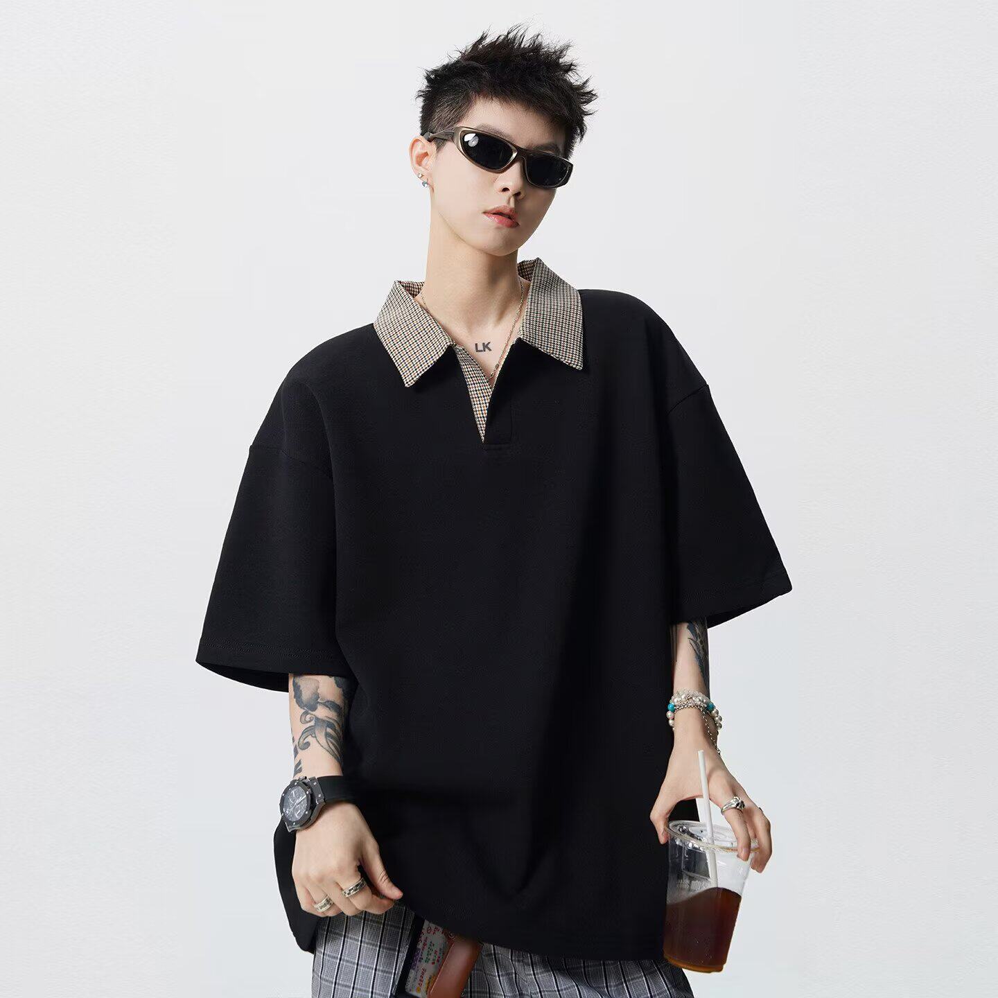 [012]假两件高质格纹翻领POLO衫男宽松上衣潮流A079-S243-P30，男装Polo衫，电商A079