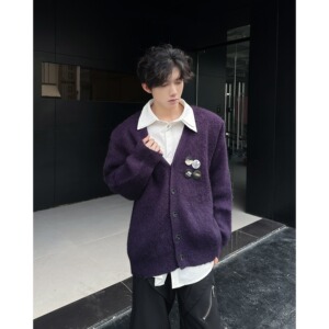 2025紫色百搭V领针织开衫男女秋冬新款宽松毛衣外套A079-9802-P58图片