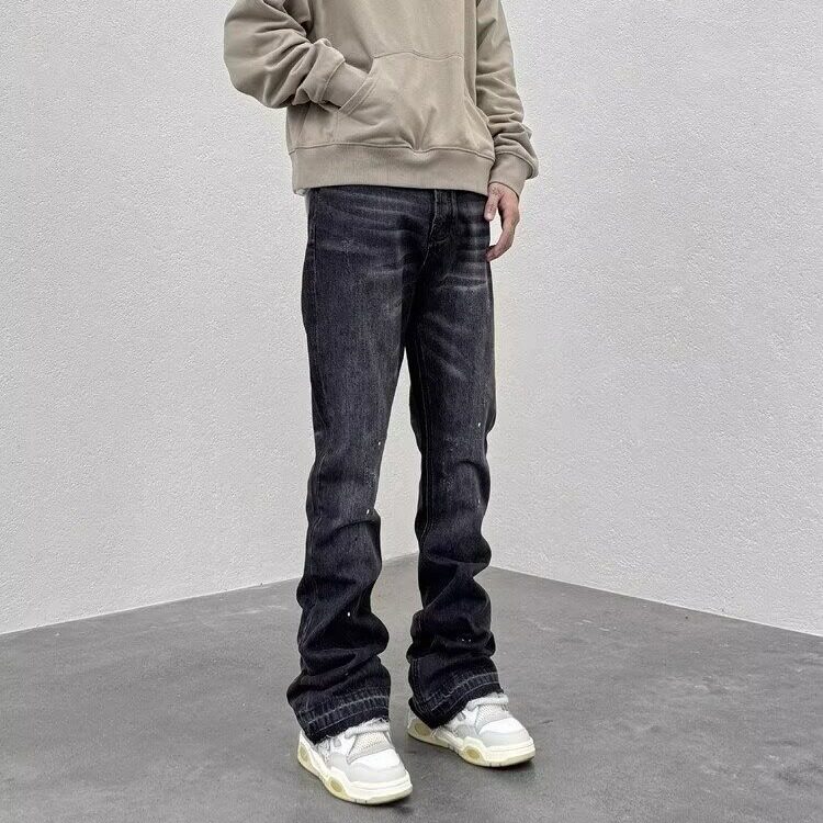 [008]黑灰微喇版型牛仔裤泼墨毛边长裤男A079-N6674-P46,男装牛仔裤,电商A079