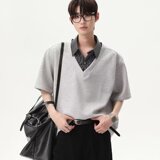[012]假两件格子polo衫短袖t恤男拼接衬衫领上衣A079-T71-P35，男装T恤，电商A079