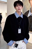 [004]假两件条纹衬衫男正肩长袖t恤A079-W18-P39，男装T恤，电商A079