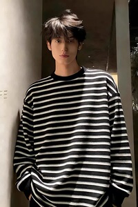 [003]古条纹圆领长袖T恤男女潮牌情侣宽松百搭上衣A079-ET52-P37图片
