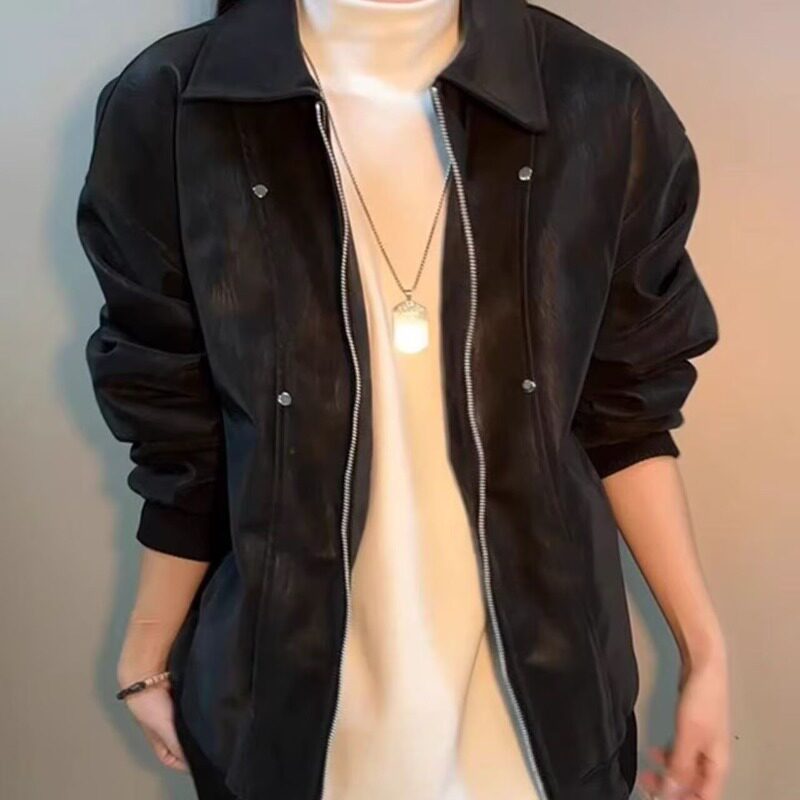 [001]翻领皮衣外套春秋季哈潮流百搭休闲男女款外套A079-259-P75，男装皮衣，电商A079