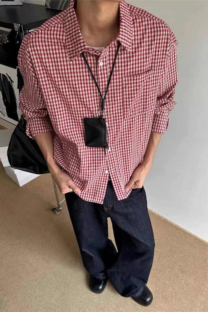 [006]翻领格子衬衫男女长袖宽松拼接衬衣外套A079-CS387-P31,男装衬衫,电商A079
