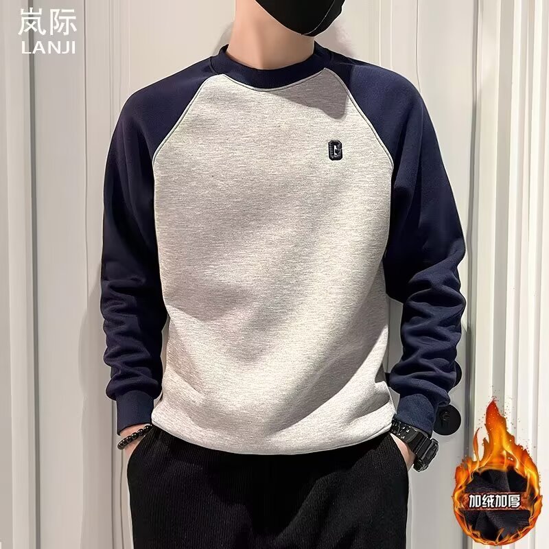 【001】新款圆领男士长袖宽松上衣T恤加绒拼色外套A079-A133-P35，男装T恤，电商A079