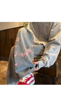 【网63】满印玫瑰花朵牛仔裤男款春季美式A079-GK882-P41图片