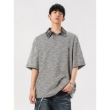 [012]格纹撞色衬衫领短袖T恤男女情侣宽松百搭新款A079-D913-P38，男装T恤，电商A079
