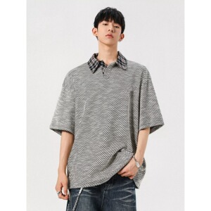 [012]格纹撞色衬衫领短袖T恤男女情侣宽松百搭新款A079-D913-P38图片