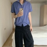 [006]蓝色格纹衬衫男下摆抽绳短宽翻领衬衣A079-C405-P35，男装衬衫，电商A079
