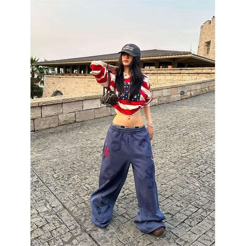 【网60】松紧腰印花直筒卫裤女2025年秋季新A079-3118-P44,男装休闲裤,电商A079