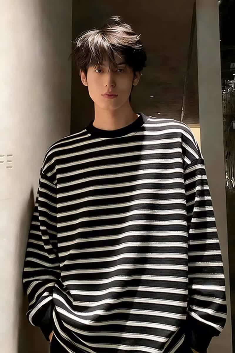 [003]古条纹圆领长袖T恤男女潮牌情侣宽松百搭上衣A079-ET52-P37,男装T恤,电商A079