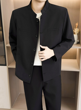 [001]酒红色垫肩立领短款西装外套男夹克西服男A079-XK42-P57