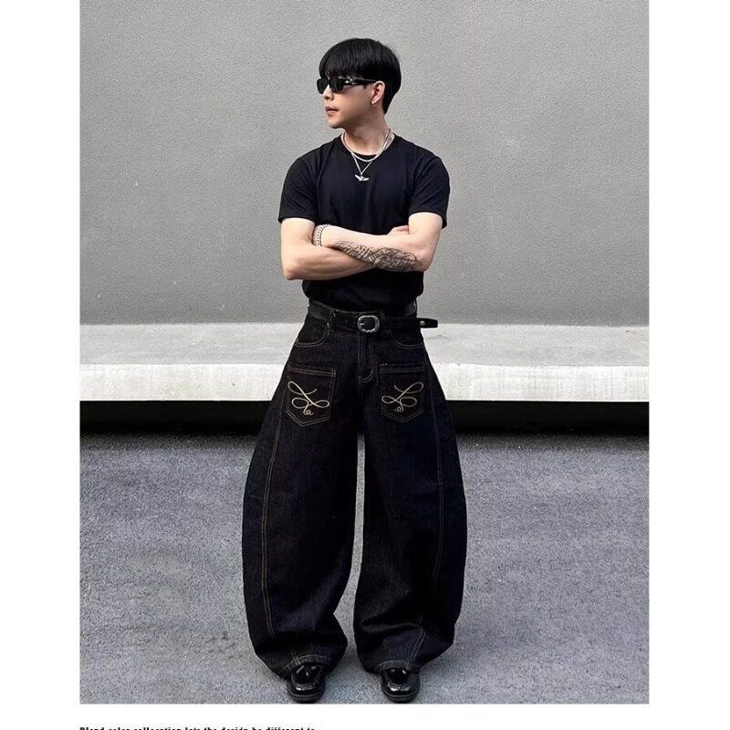 【008】刺绣弯刀牛仔裤宽松阔腿长裤男女A079-7826-P50,男装牛仔裤,电商A079