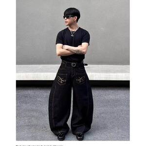 【008】刺绣弯刀牛仔裤宽松阔腿长裤男女 A079-7826-P50图片