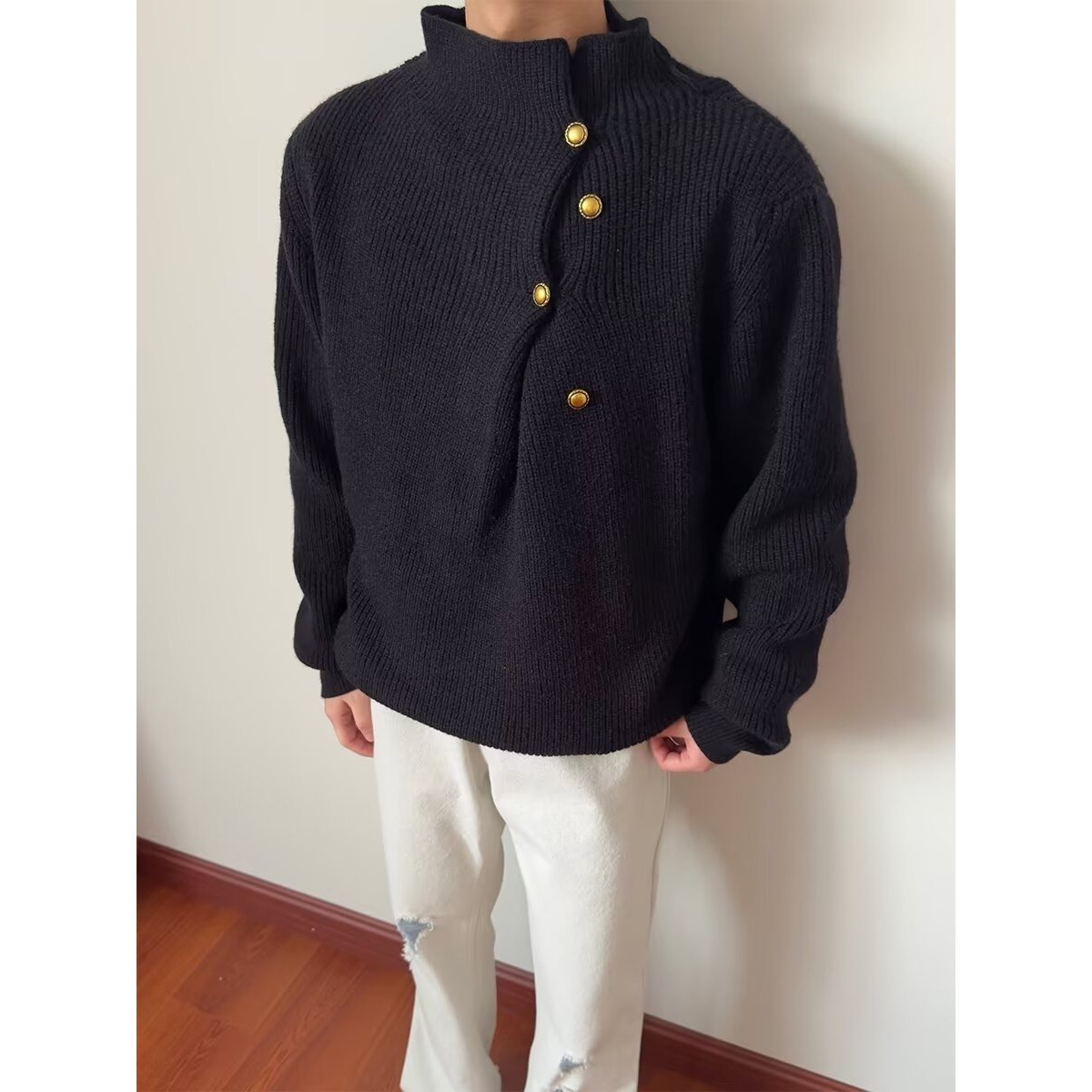 【001】5不规则纽扣设计感高领毛衣男针织衫上衣A079-MY140-P75，男装针织衫/毛衣，电商A079