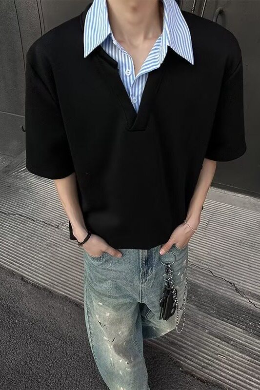 [012]假两件衬衫领短袖男宽松拼接T恤半袖Polo衫A079-D915-P33,男装T恤,电商A079