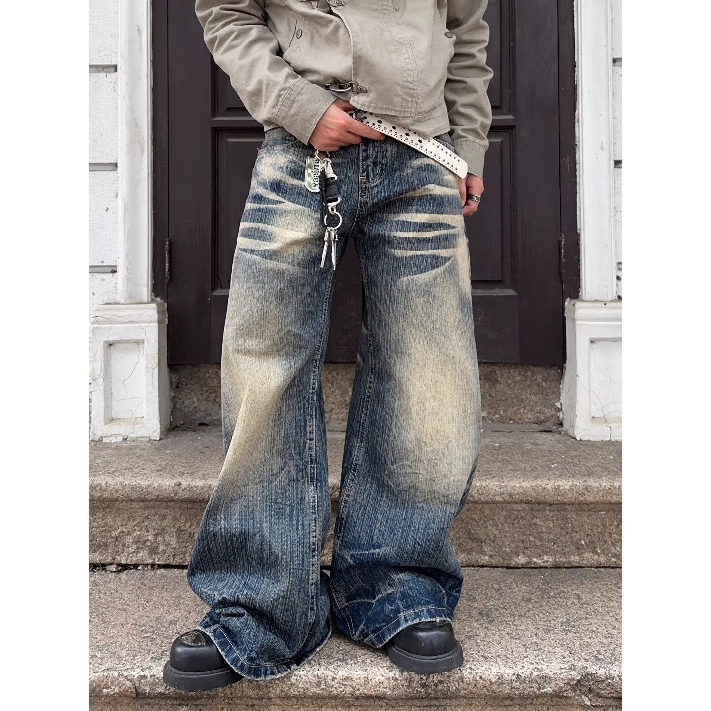 【002】5水洗做旧猫须阔腿弯刀牛仔裤男女新款A079-N1603-P56，男装牛仔裤，电商A079