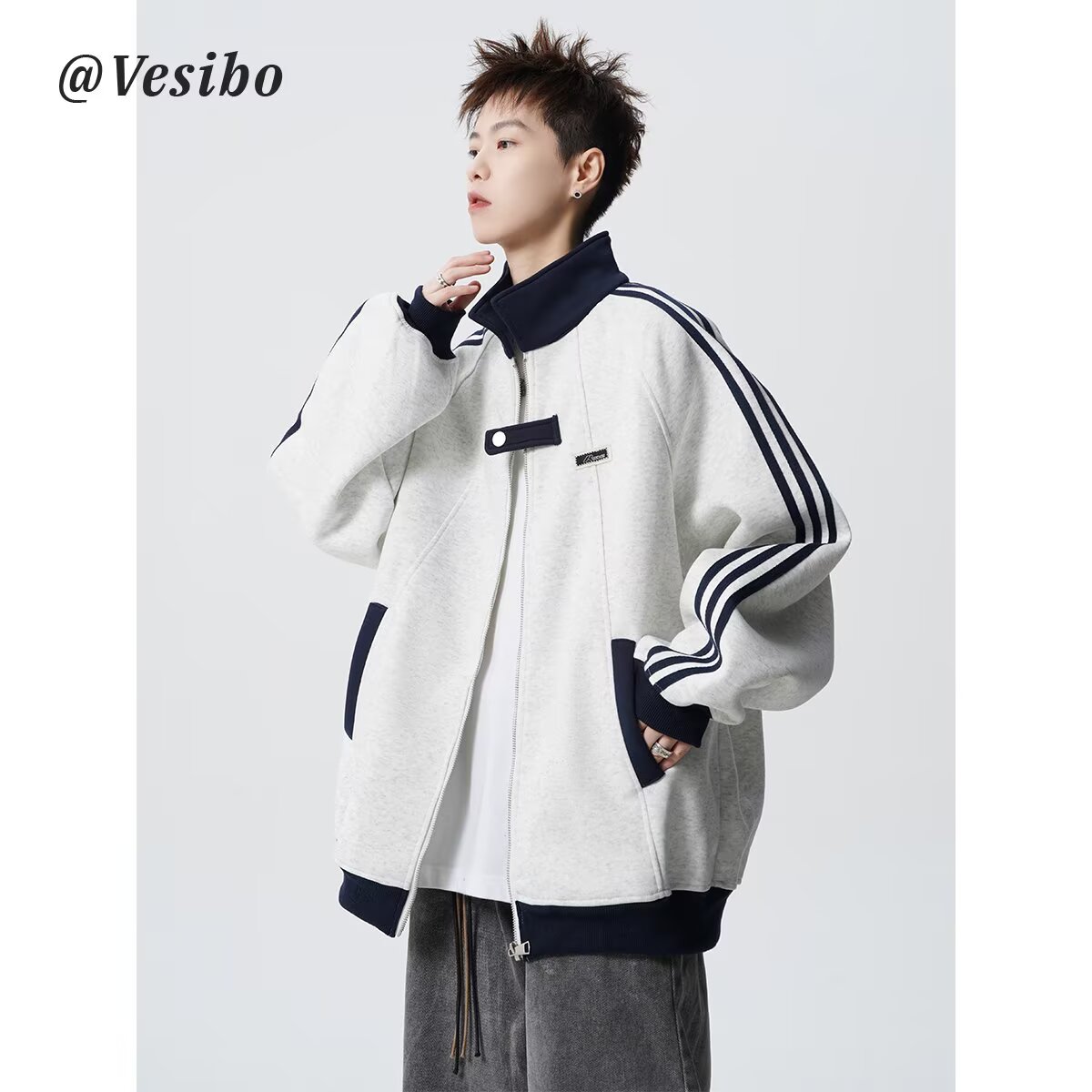 【001】加绒加厚拼接运动夹克三条杠开衫卫衣A079-5017加绒-P51,男装夹克,电商A079