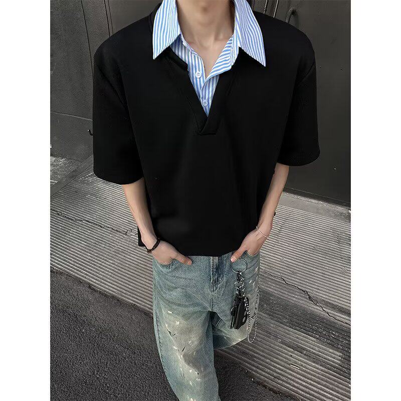[012]假两件衬衫领短袖男宽松拼接T恤半袖Polo衫A079-D915-P33,男装T恤,电商A079
